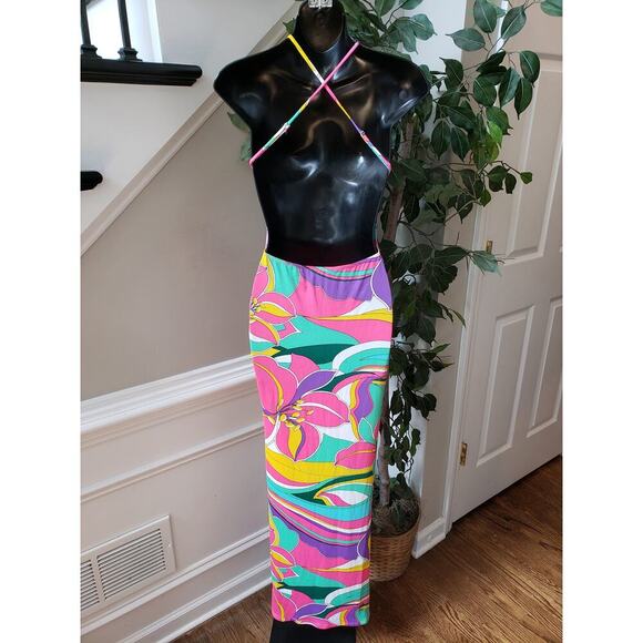 Spring Haze Long Maxi Dress Women's S Multicolor Floral Cutout Open Back V Neck - Picture 5 of 11